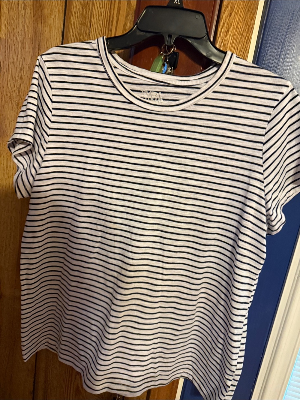 Time and Tru White and Black Striped Crewneck Tee